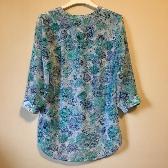 Abstract Watercolour Mermaidcore Print Sheer Button Up Collar Tunic Shirt - Picture 3 of 16